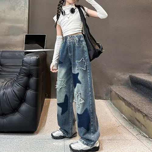 Girls Baggy Jeans Stretchy Waist Wide Leg Denim Pants with Star Embroidery Loose Fit Pants with Pockets for Kids3