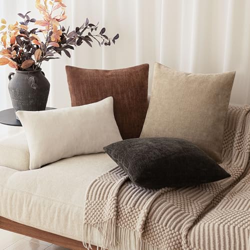 Image of Foindtower Pack of 2 Soft Textured Chenille Throw Decorative Pillow Covers Square Accent Solid Cushion Cover Cozy Neutral Farmhouse Pillow Case for Couch Sofa Bedroom Living Room 18x18 Inch,Red Taupe