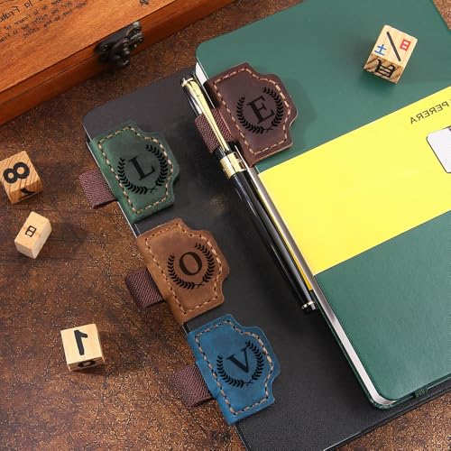 Image of Custom Bookmark with Pen Holder with 26 Letters Personalized Magnetic Leather Book Mark, Customized Name Book Marker Clip with Initial for Men Women, Gifts for Book Lovers, Readers, (Green, O)