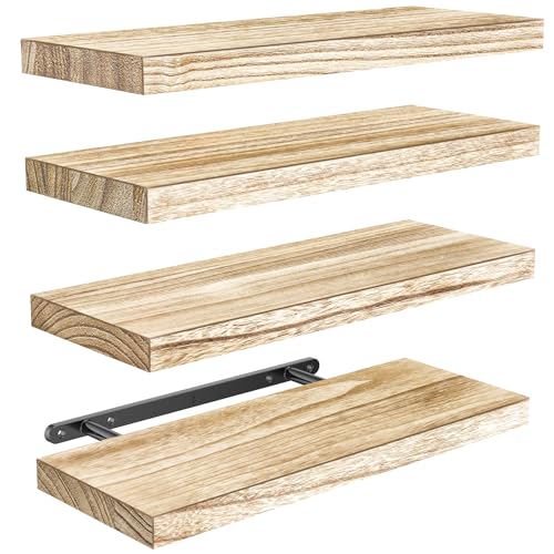 Pipishell Wandregal Holz, 40 cm Regal Wand, Paulownia Küchenregal Hängend Schweberegal Holzregal, 4er-Set aus Holzregalen für Badezimmer, Schlafzimmer, Büro, Wohnzimmer, Küche usw. (Hellbraun)