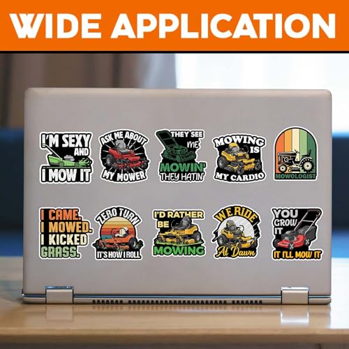Image of MAIANEY Lawn Mower Stickers Pack 10, 3 Inch - Funny Mowing Humor Vinyl Decals for Landscaper, Gardener, Yard Work Fans - Waterproof Sticker for Laptop, Tumbler, Toolbox