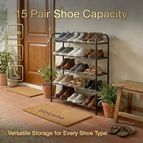 Image of Portable Shoe Rack for Home Plastic with Door,Adjustable Plastic Shoe Rack for Bedroom /Outdoor Waterproof, Shoe Storage Organizer,with Shelves Kitchen Runner Rug (Black, 5-Layer)