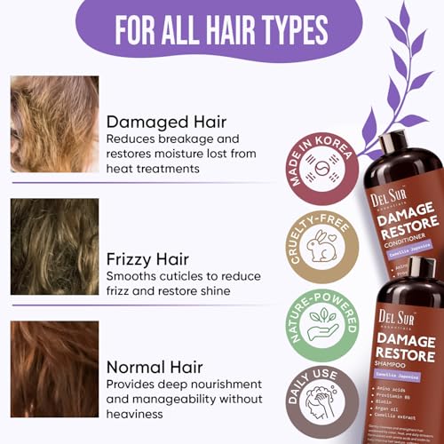 Image of DEL SUR Hair Repair Shampoo and Conditioner Set | 16 fl oz Each | with Camellia Japonica, Amino Acids, Biotin & Argan Oil | Moisturizing Strength & Damage Repair for Dry, Damaged Hair