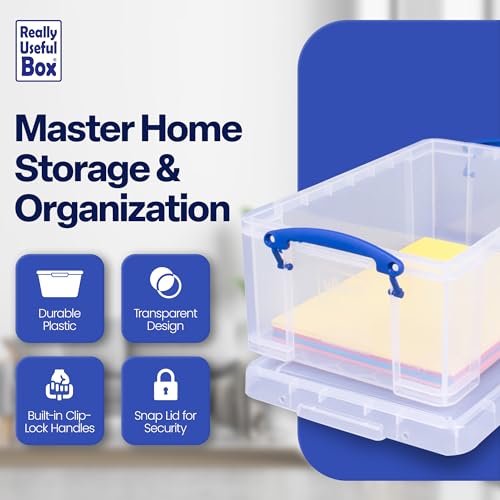 Image of Really Useful Box 9 Liter Plastic Stackable Storage Container with Snap Lid & Built-in Clip Lock Handles for Home or Office Organization, Clear