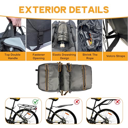 Kinetrail Bike Panniers, 25-35L Expandable Bike Saddle Bag for Rear Rack, Waterproof Large Capacity Reflective Strip Bicycle Panniers, Ebike Accessories for Commuter Grocery Shopping Travel Carrier