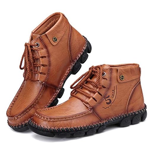 Camfosy, Botas Chukka de PU Cuero para Hombre, Botines cálidos de Invierno, Zapatos de conducción con Forro de Piel sintética con Costuras a Mano Marrón EU 42