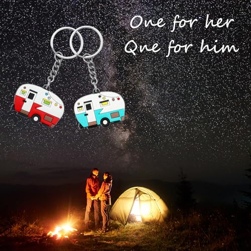 Image of Thinp 2 Pieces Camper Keychain, RV Camper Keyring Accessories for Travel Trailers Enameled Metal Retro Camping Car Keychain