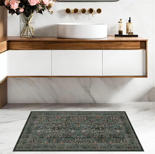 Image of Dark Green Washable Entry Rug - Front Door Throw Rugs Indoor, Non-Slip Bathroom Small Rugs, Vintage Floral Thin Rug for Kitchen, Boho Entryway Decor (2x3 Dark Green)
