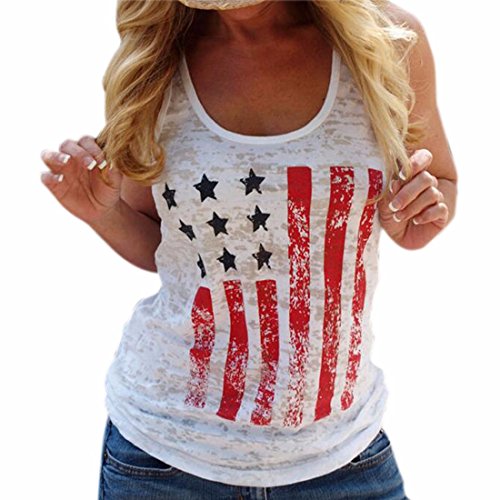 QIYUN.Z Mujeres Moda Americana Patriotica Mangas Impresion De La Bandera Camiseta Blanca Sin Mangas