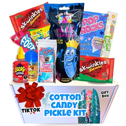 Cotton Candy Pickle Kit Easter Gift Box-W/Blue Pickle, Cotton Candy Crunch, Pop Rocks, Lucas Gusano Chamoy, Skwinkles, As seen on Tiktok gifts for kids teen girls boys by FoodCrush