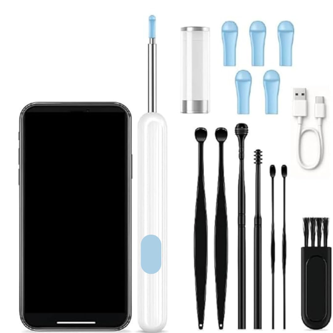 Kit de Eliminación de cera con 6 cucharas para oídos. Set de 7 piezas con cámara y luz. Herramienta para eliminar la cera. 6 accesorios de estuche de silicona. Limpieza de oídos segura