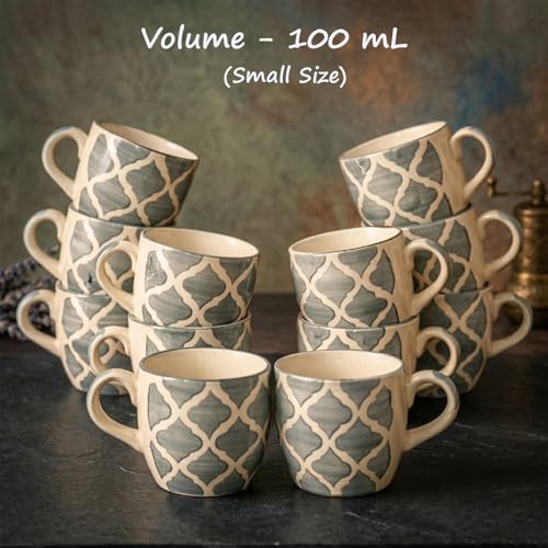 Image of HandPainted Ceramic Small Cups 12 Pcs Set | Cups for Tea,Coffee,Espresso | Beautiful Small coffee Mug Set | Ideal Gifting Option | Brown &Black Morrocon Pattern (Moonstone Grey Morrocon Pattern)