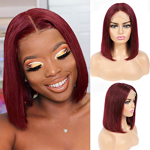 Burgundy 99j Bob Wig 4x4 Lace Closure Wigs Human Hair Wigs 99J Colored Straight Short Lace Frontal Wig Pre Plucked with Baby Hair for Black Women 10 Inch Supernova Hair