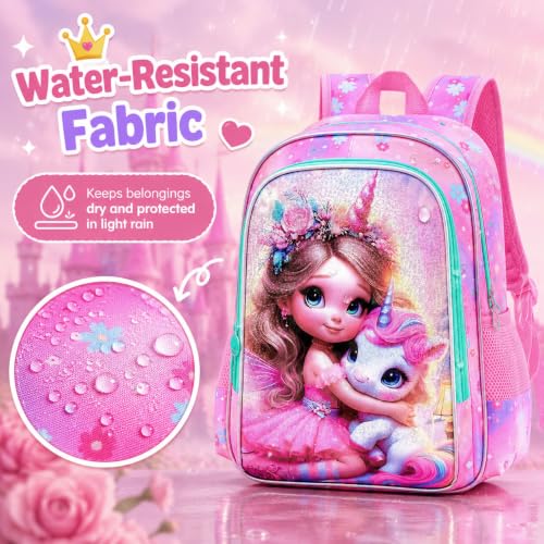 Image of AGSDON 3PCS Unicorn Backpack for Girls, 16 inch Kids Backpacks for Girl Water Resistant Preschool, Elementary Bookbag with Lunch Box