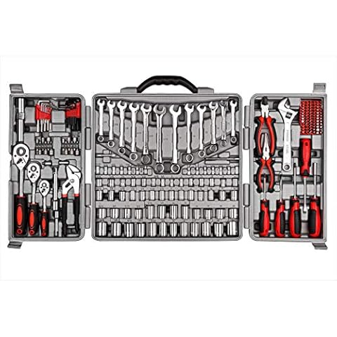 CARTMAN 205 Piece Ratchet Wrench Tool Set 1/4" & 3/8" & 1/2" Drive with SAE/Metric Sockets Kit in Plastic Toolbox Cover