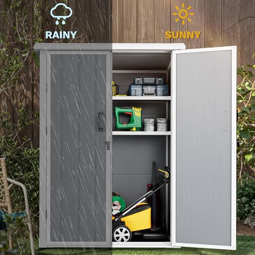 Image of DWVO 60 Cuft Outdoor Tall Storage Shed with 2 Shelves, 5X3FT Vertical Tool Shed with Floor & Lockable Doors, Sturdy Double-Wall Plastic Cabinet for Garbage Cans and Garden Equipment (Gray)