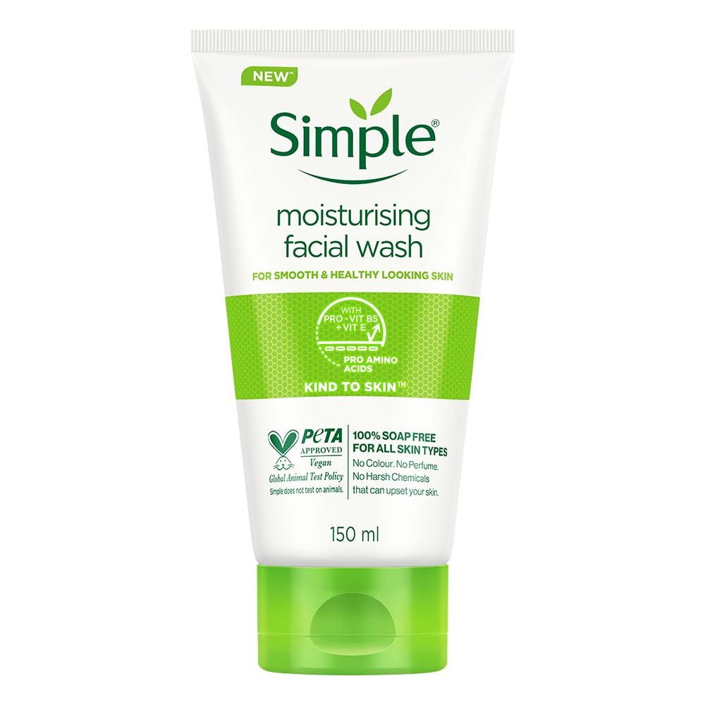 Simple Kind To Skin Moisturising Facial Wash, 150 ml | 100% Soap-Free Moisturising Facewash with Panthenol for dry, sensitive skin | Reduces Visual Dryness & Strengthens Skin Barrier