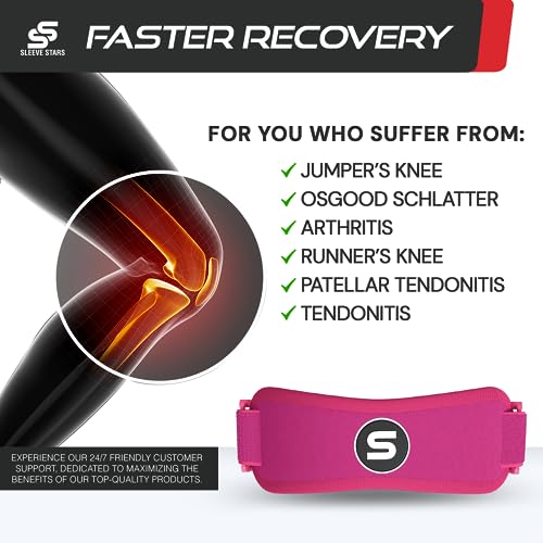 Image of SS SLEEVE STARS Patellar Tendon Support Strap Osgood Schlatter Knee Brace for Youth, Women & Men, Swedish Brand Patella Knee Strap for Arthritis & Pain, Kids Knee Brace w / 3 Lengths (Hot Pink)