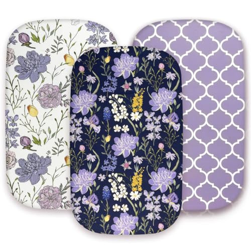 Image of AMROSE 3 Pack Bassinet Sheets 33" x 20" Compatible with Mika Micky, Baby Delight, Dream On Me, AMKE and Other Rectangle Bassinet Mattress, Soft and Skin-Friendly, Violet