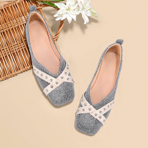 Women’s Cotton Fabric Square Toe Flats with Studded Detail – Chic Ballet Flats for Work, Casual, and Everyday Wear, Comfortable Slip-On Shoes2