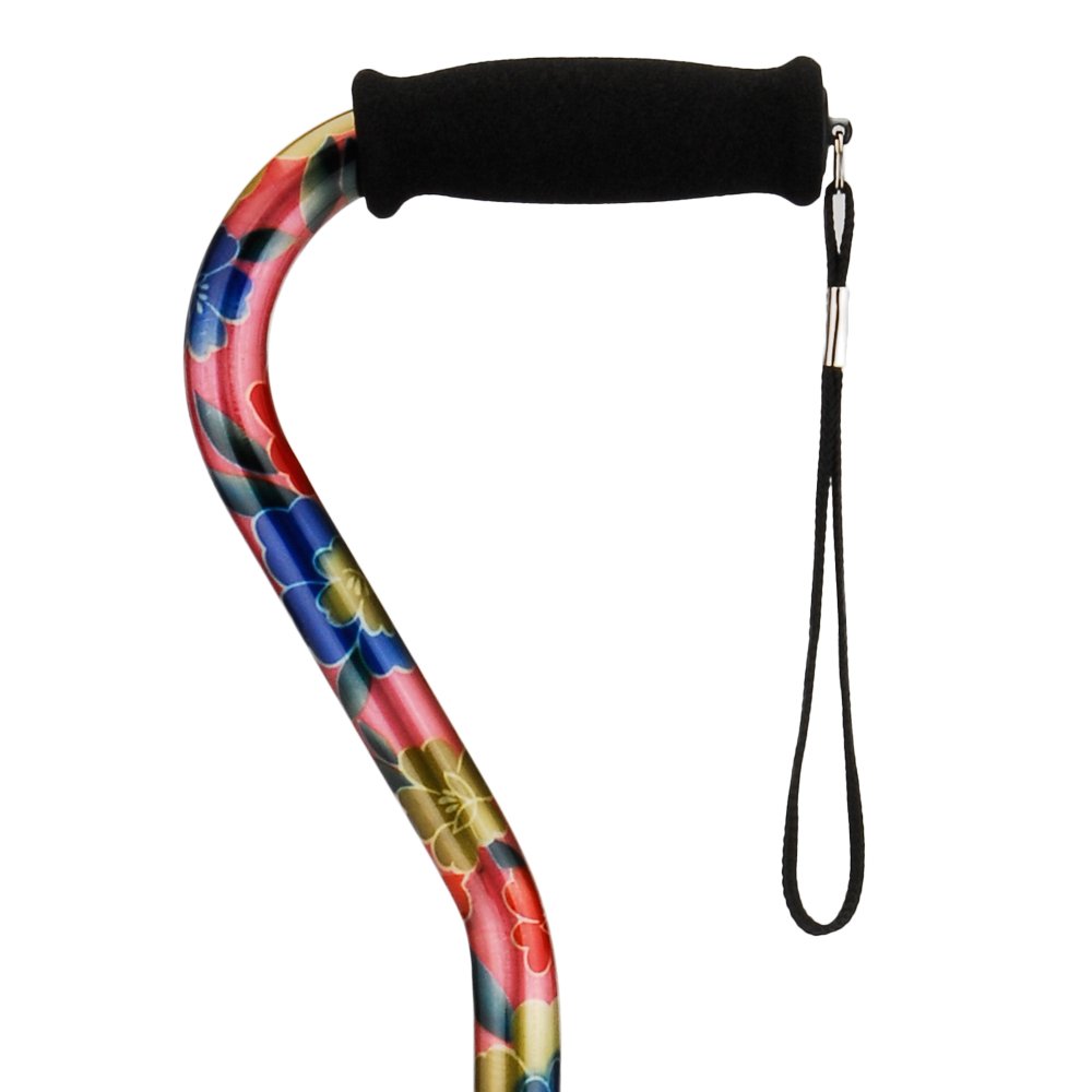 Nova Joy Designer Offset Walking Canes - Unisex Adjustable Lightweight Aid with Foam Handle, Wrist Strap and Anti-Rattle Lock - Essential Mobility Support - Flower Power