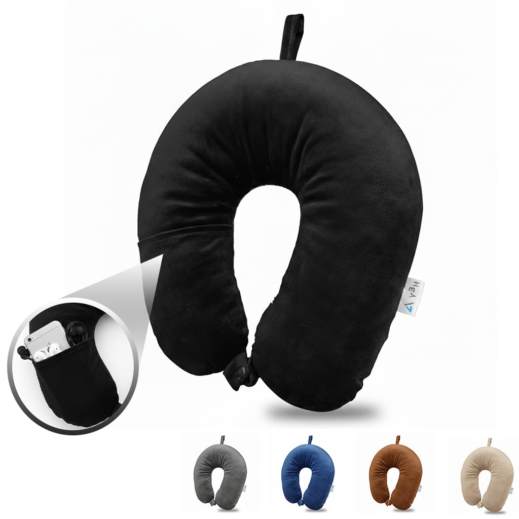 - Travel Neck Pillow with Mini Pocket, Lightweight Neck Support Pillow for Head Rest, Ultra Comfort Neck Pillow for use While Travel in Flight, Train, Bus & Car (Black)