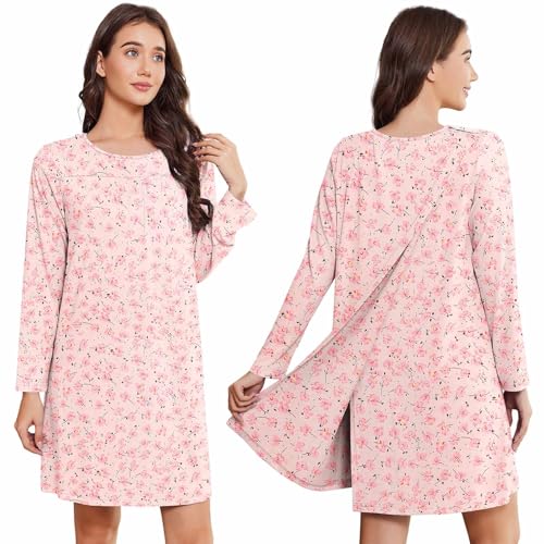 Deyeek Hospital Gowns for Women Open Back Tear Away Post Surgery Dress Long Sleeve with Shoulder Snaps Adaptive Nightgowns