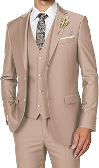 Men's Suits 3 Piece Slim Fit Dress Tuxedo for Men Two Button Solid Jacket Vest Pants Set