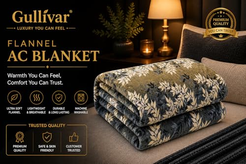 Image of Flannel AC Blanket (78x88 Inches) - 155 GSM Lightweight Ultra Soft Cooling Blanket, Multipurpose AC Blanket & Warm Top Sheet for Medium Beds, Breathable & Cozy, Grey & Gold