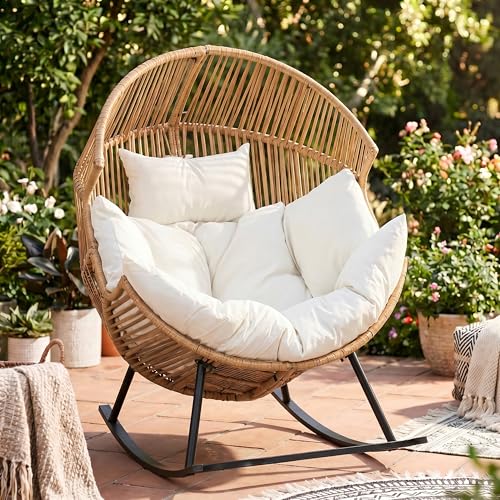 JAMFLY Egg Chair Wicker Outdoor Chairs Oversized Patio Chair Oversized Lounger Chair with Cushion for Indoor Living Room Bedroom Outside Patio Backyard Balcony Creamy White