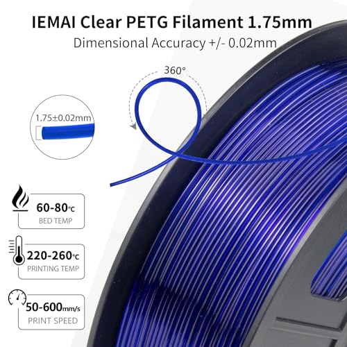 Image of IEMAI Clear PETG Filament 1.75mm Blue 1kg, Glossy Transparent Finish 3D Printer Filament Up to 600mm /s High-Speed Printing for Lampshades, Home Decor & DIY Models