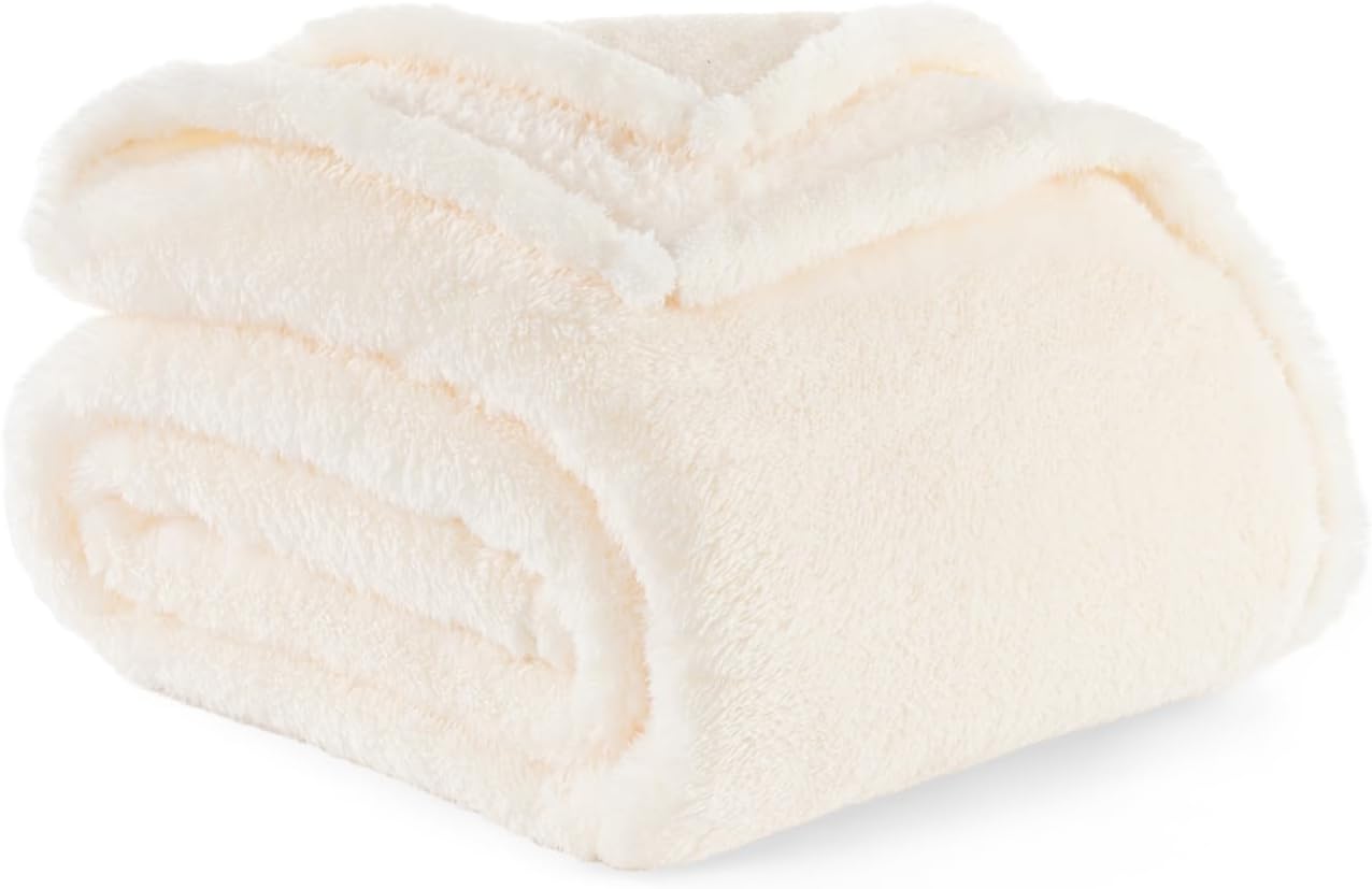 Double-Pile Fluffy Fleece Blanket, Ultra Soft & Warm All-Season Cozy Blanket for Couch Bed Sofa, Lightweight Plush Microfiber Living Room Decor, Gift for Women Men Kids(King, Cream)