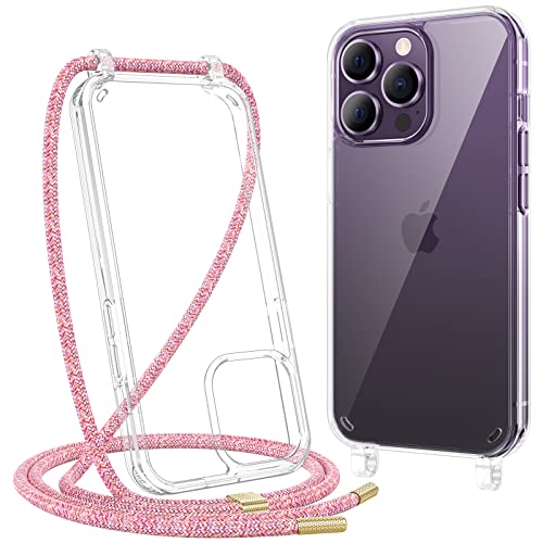 Caka Case For Iphone 14 Pro Max Clear Case With Strap Cross Body Adjustable Neck Lanyard Case Protective Phone Cover For Iphone 14 Pro Max 6.7”-Colorful Strap #TOP18