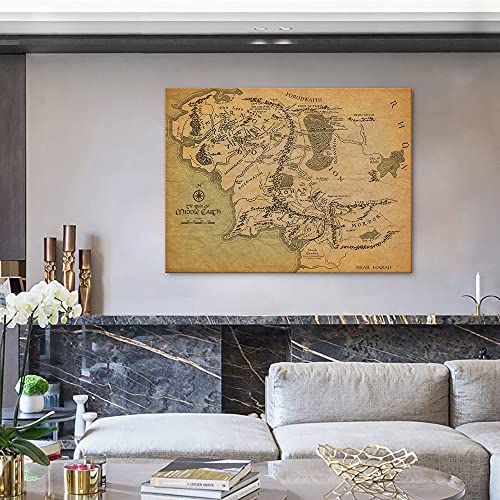 Guttaty Middle Earth Map Canvas Wall Art Movie Map Hd Print - Retro Middle Earth Map Canvas Painting For Home Wall Decor, Vintage Map Of Middle Earth Poster Framed Artwork For Room Decor (18" Hx24 W) #TOP2