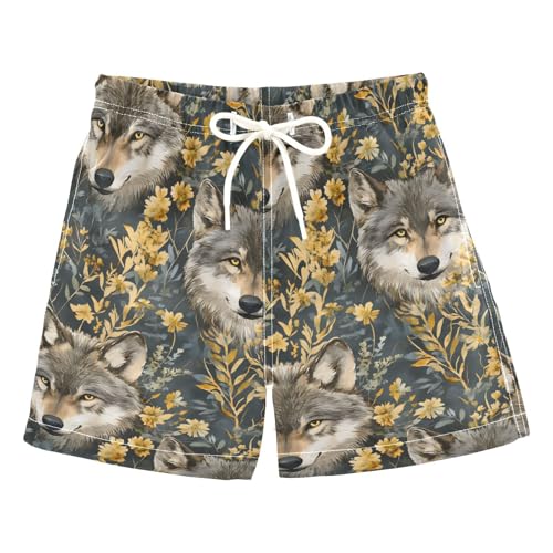 Wolf with Flower 1 Boys Swim Trunks Toddler Shorts Swimwear Boardshorts
