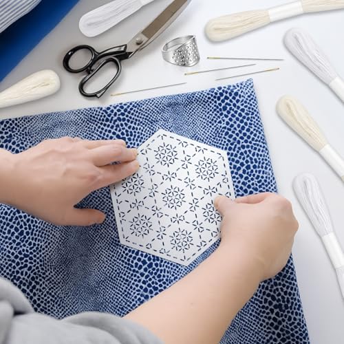 Image of 37 Pcs Sashiko Thread Kit Sashiko Needles Cotton Thimble Sashiko Patterns Embroidery Projects for Sewing Hand Quilting Mending Supplies (White)