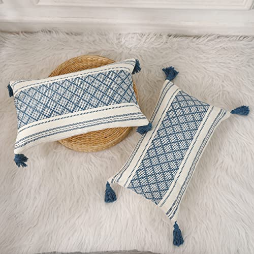 Panod Set Of 2 Boho Cotton Knitted Decorative Throw Pillow Covers With Tassel Blue And White,Modern Accent Classical Farmhouse Jacquard Lumbar Pillow Cover Cushion Case For Sofa Couch,12X20 #TOP2