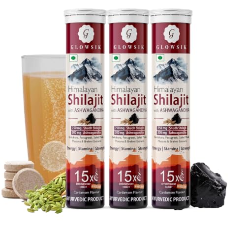 Image of GLOWSIK Himalayan Shilajit Original (750mg) 45 Effervescent Tablets, With Ashwagandha, Gokshura & Safed Musli for Strength, Performance & Muscle Recovery, Cardamom Flavour | Ayush Approved | Pack of 3