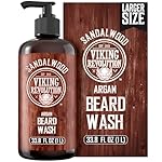Viking Revolution Sandalwood Beard Wash for Men with Argan Oil - Beard Softener and Strengthener Beard Shampoo with Ginseng, Red Sage, Vitamin B5, Vitamin E - Sandalwood Beard Care (33.8 Fl oz)