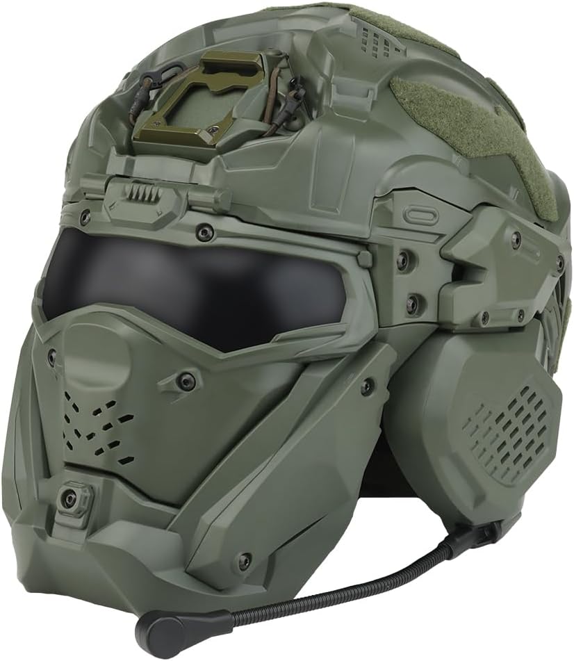 Tactical Airsoft Helmet Set Fast Helmet Built-in HD Headset with Full Face Mask Goggles and Anti-Fog Fan for Outdoor Paintball BB Game CS Airsoft Training Hunting Gear A