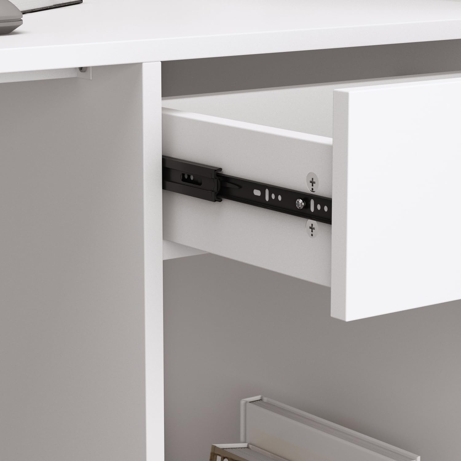 Banco di reception, banchi di reception, banchi di ricevimento, bancone con cassetti e armadi chiudibili, bancone con ripiani aperti regolabili, 140 x 60 x 110 cm, MDF