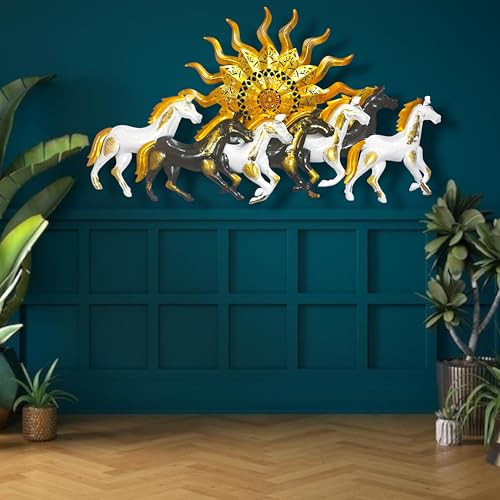Image of iHandikart 7 Horses Metal Wall Art (Multicolor, Large Size,37x20 Inch) - Running Horses Vastu Wall Decor for Living Room, Modern Metal Wall Hanging Decoration for Home, Office & Entrance
