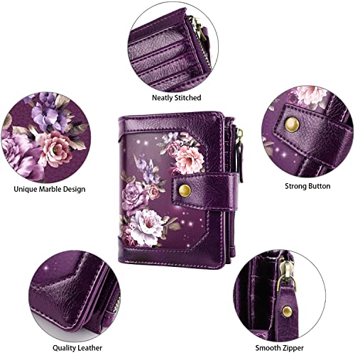 Small Wallet for Women, RFID Blocking Leather Compact Billfold RFID Blocking Zipper Wallet with ID Window,Purple Flowers3