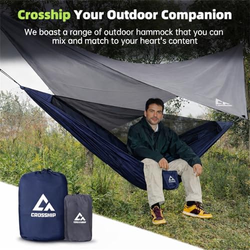 Image of Camping Hammock with Mosquito Net and RainFly Tarp - 2 Person Hammock, Portable Parachute Nylon Hammock for Outdoor, Hiking, Backpacking, Backyard, Travel (Up to 500lbs) - Midnight Blue