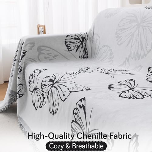 Image of HOKIPO 320 GSM Chenille Sofa Throw Blanket for 3 Seater Sofa - Printed All-Season Sofa Cover, 'Serene Abode Series' Monochrome Butterfly (180x310 cm) (AR-6633-D8)