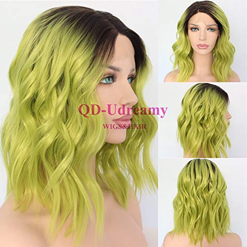 QD-Udreamy Brown Ombre Green Fashion Short Water Wave Hair Wigs Glueless Synthetic Lace Front Wedding Party Wig for Women Daily Makeup