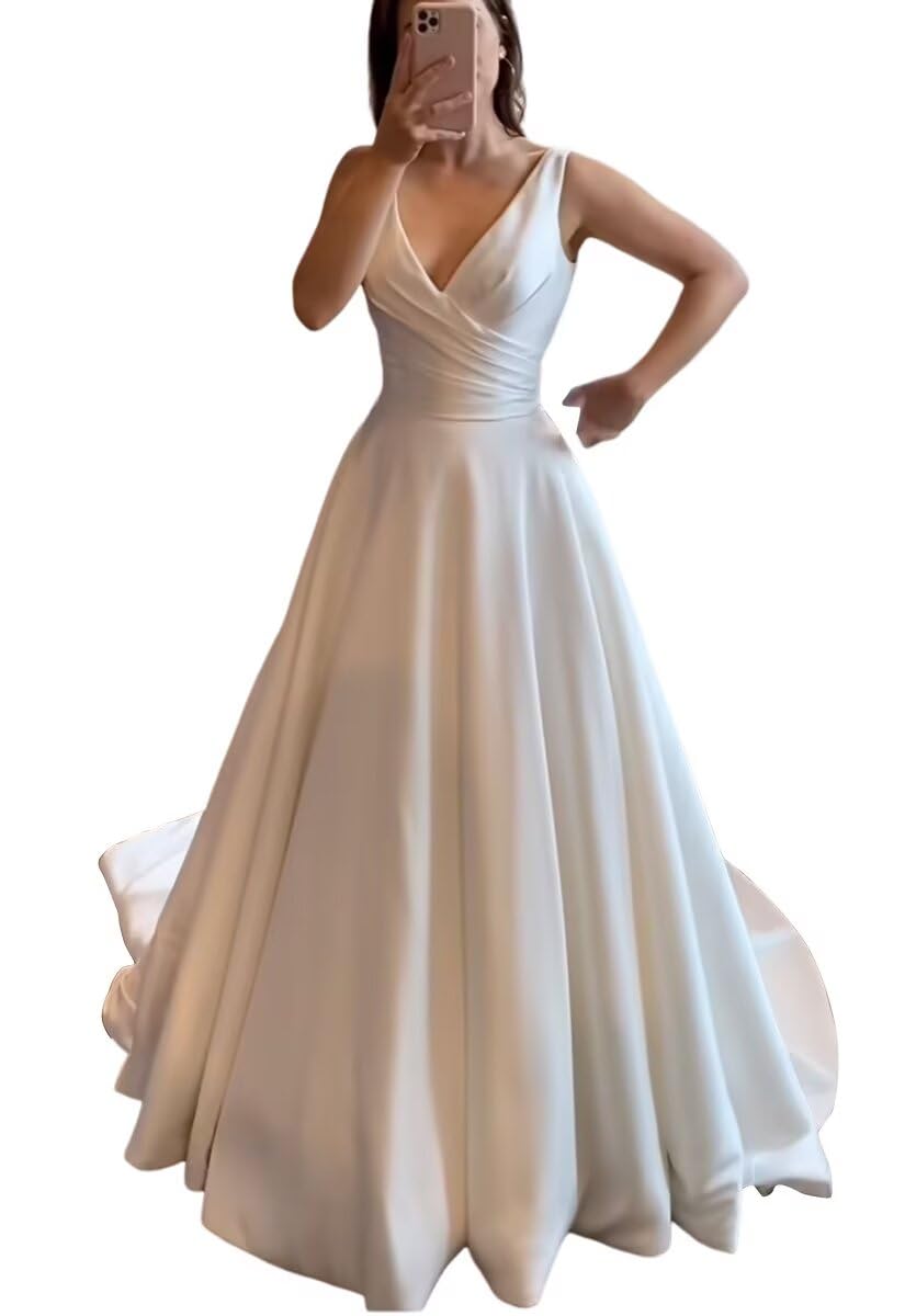 Miao Duo Womens White Modest Sleeveless Wedding Dress Plus Size Wedding Dress Satin Bridal Gown White 26W