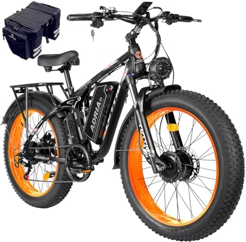 PHNHOLUN TUTTIO 5000W Peak Dual Motor Ebike, 40-46MPH Electric Bike for Adults, 52V 25AH Long Range Dirt Bike, 26" Fat-Tire Hunting Ebike, Full Suspension Mountain Bike for Off-Road Snow (Orange)