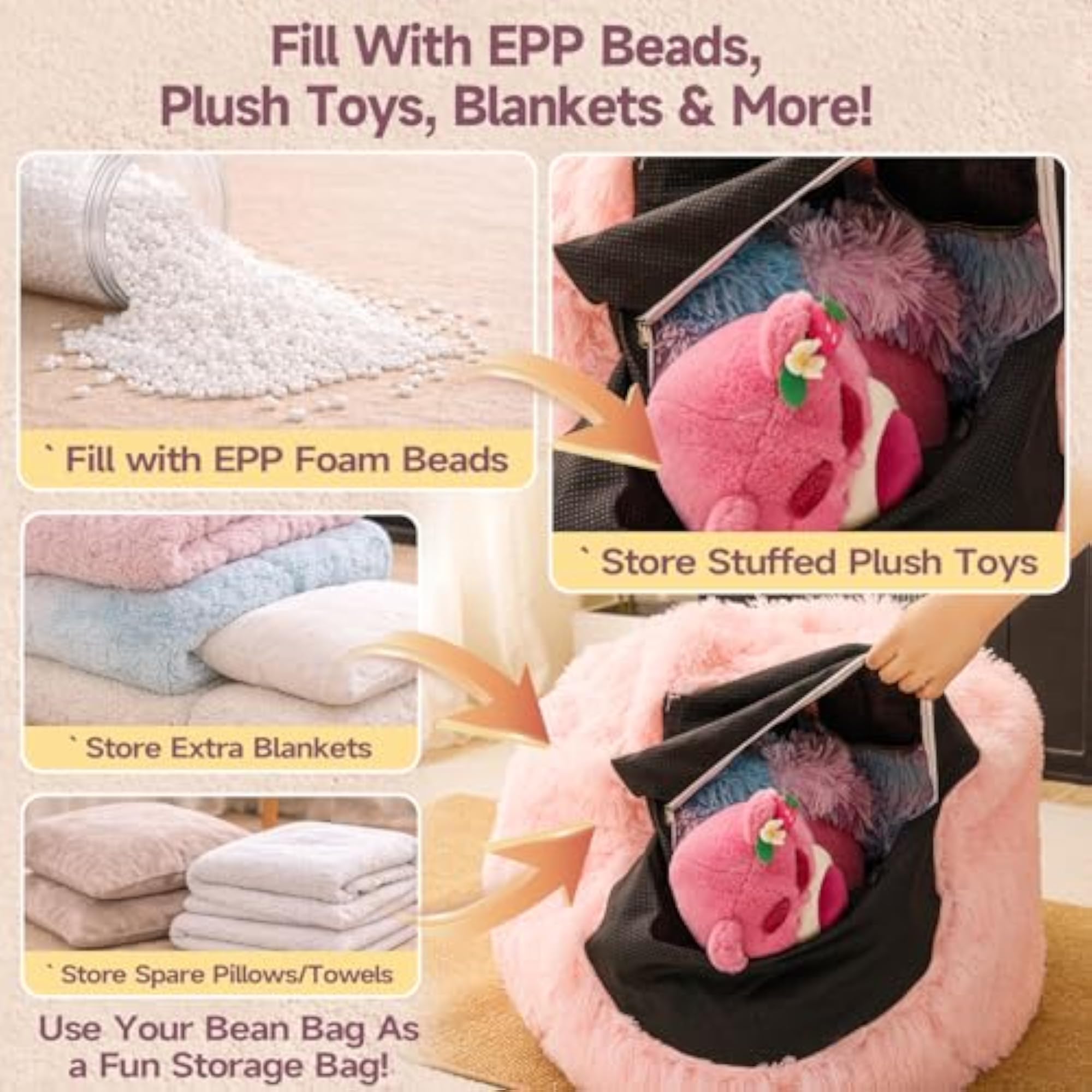 Fluffy Faux Fur Bean Bag Chair Cover, Pink