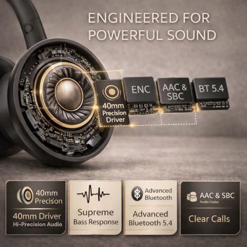Image of ONYZE VORIC ON903 Over-Ear Wireless Headphones with ANC, Bluetooth 5.4, Dual Pairing, 40mm Drivers, Up to 60H Playtime, Foldable Premium Design (Obsidian Black)
